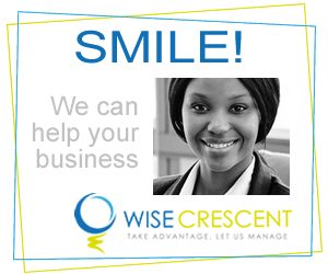 Smile We can help your business with woman smiling and Wise Crescent Inc. logo
